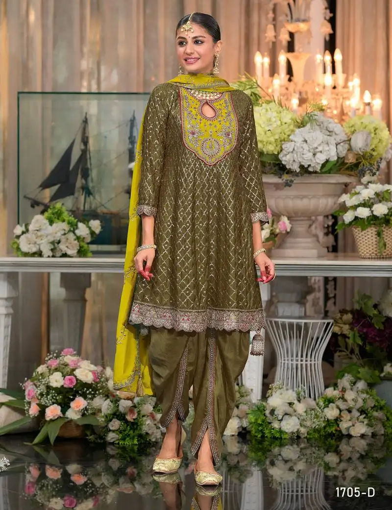 Mehendi green embroidered suit free size - full stitched