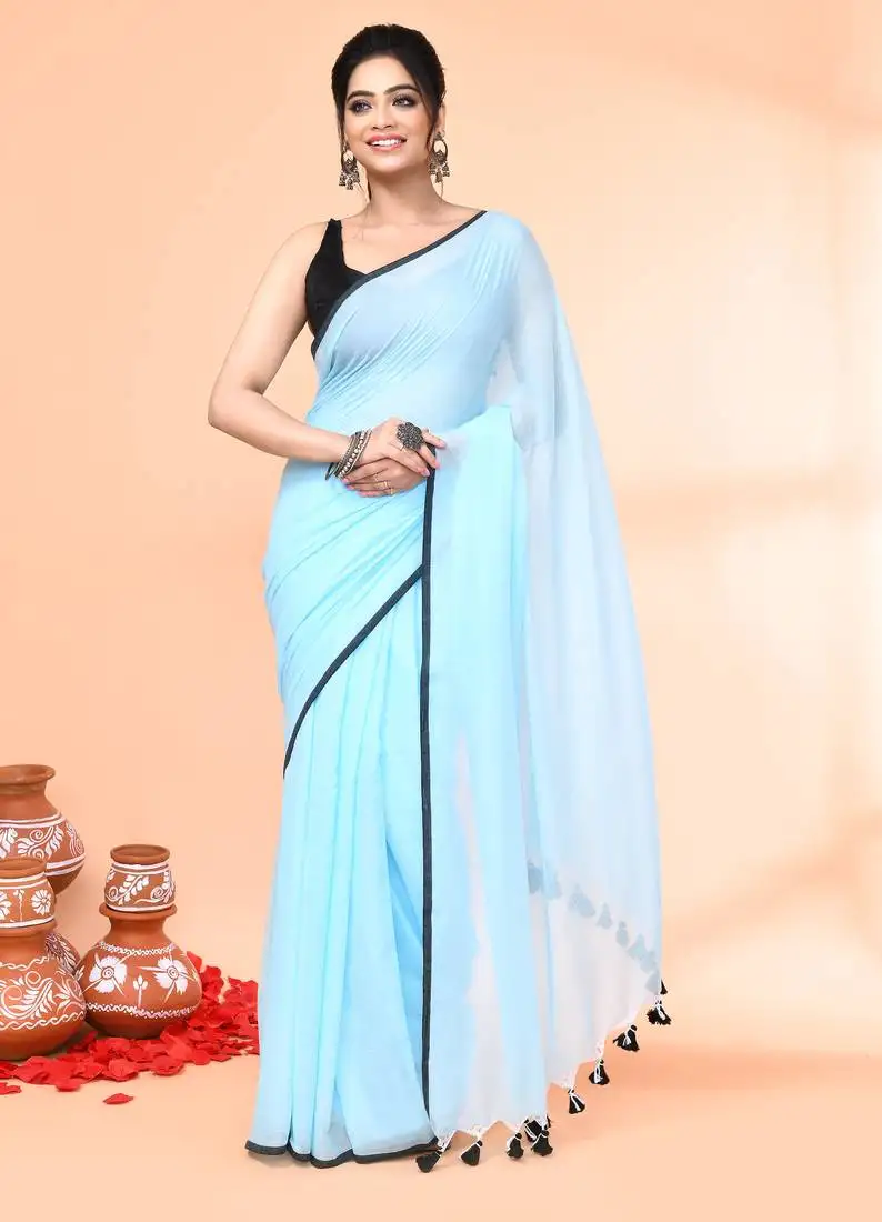 Aqua blue mulmul cotton saree without blouse piece