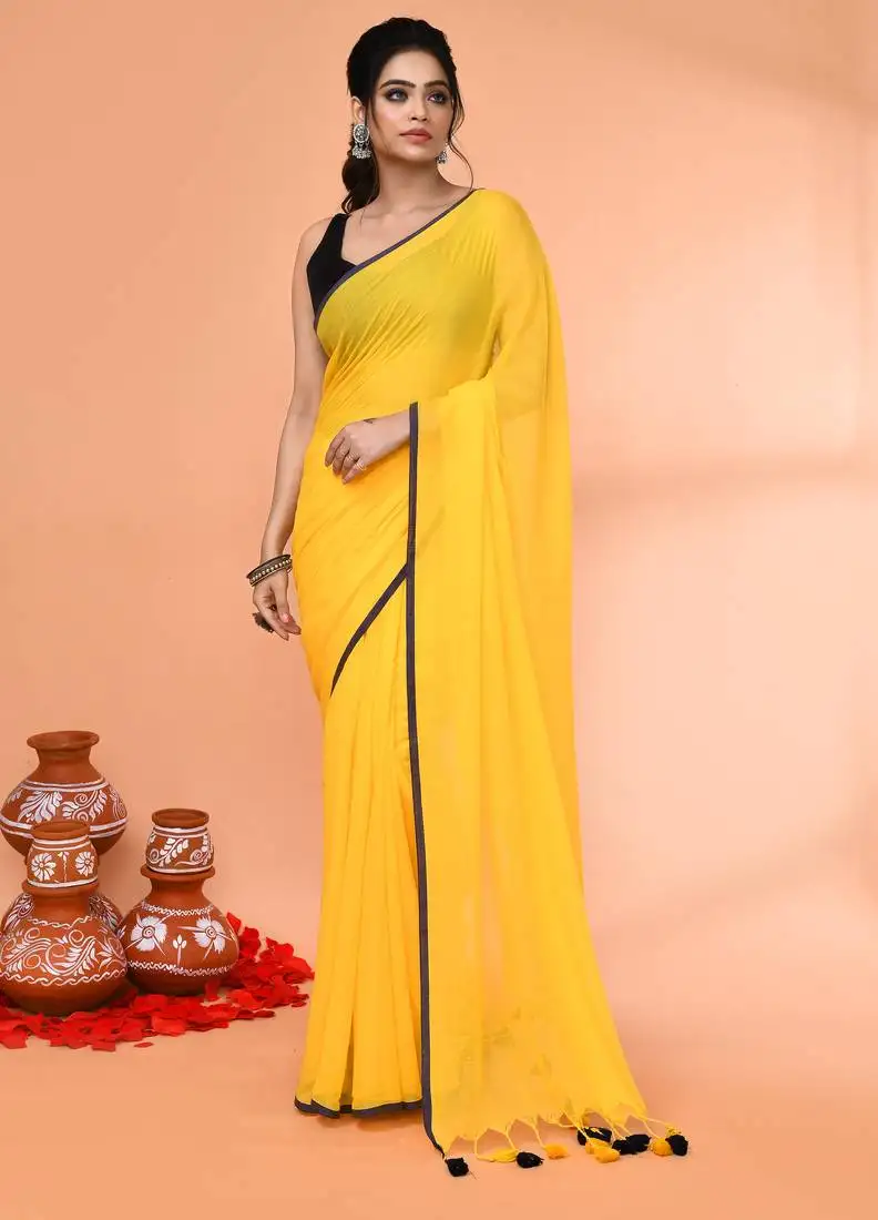Yellow mulmul cotton saree without blouse piece