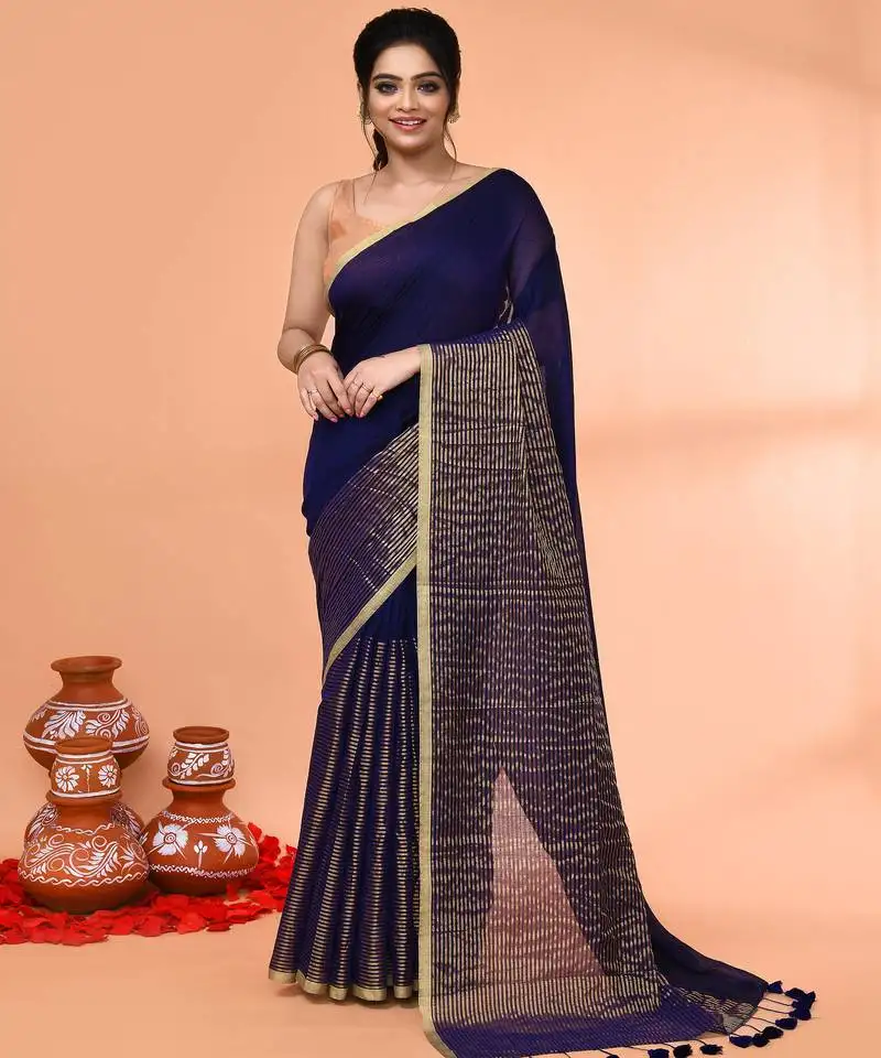 Blue cotton handloom saree with gold zari stripes