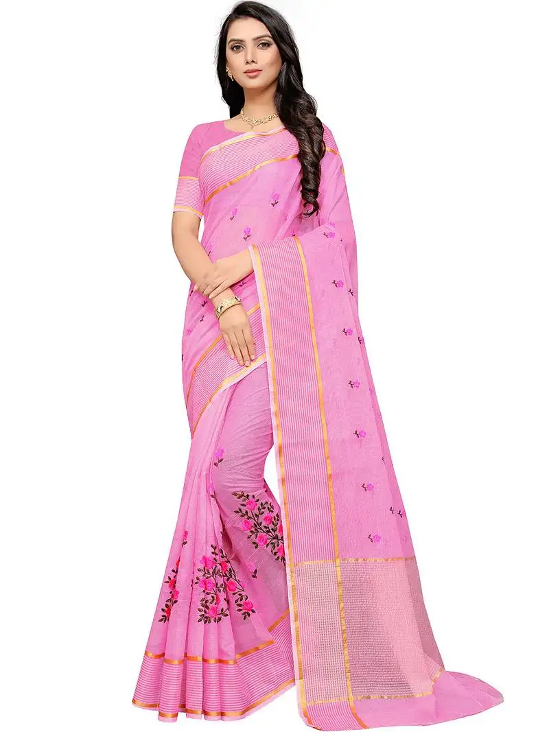 Pink supernet floral thread embroidered saree with blouse piece