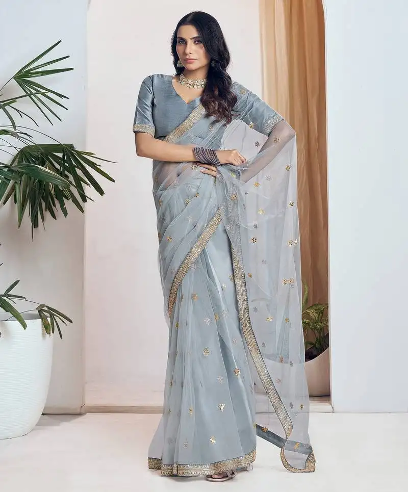Grey embroidered net saree with unstiched blouse