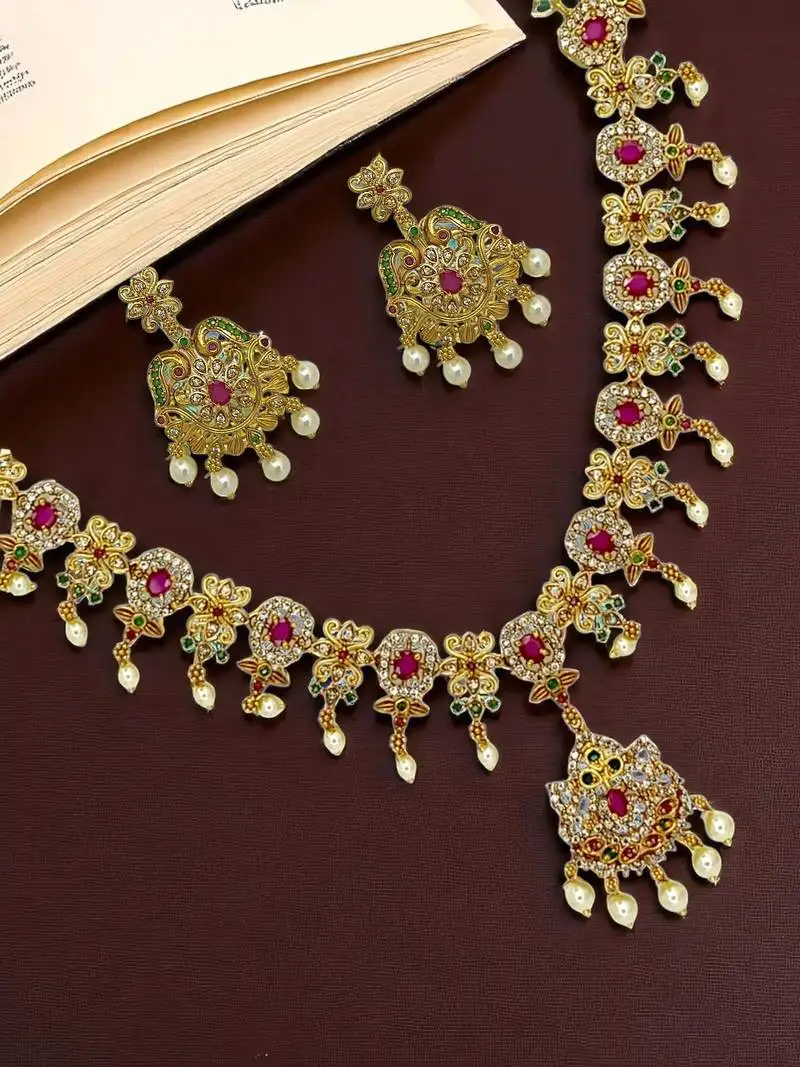 Antique gold plated traditional multicolor stones necklace set