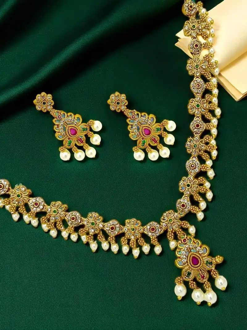 Antique gold plated multicolor stones necklace set