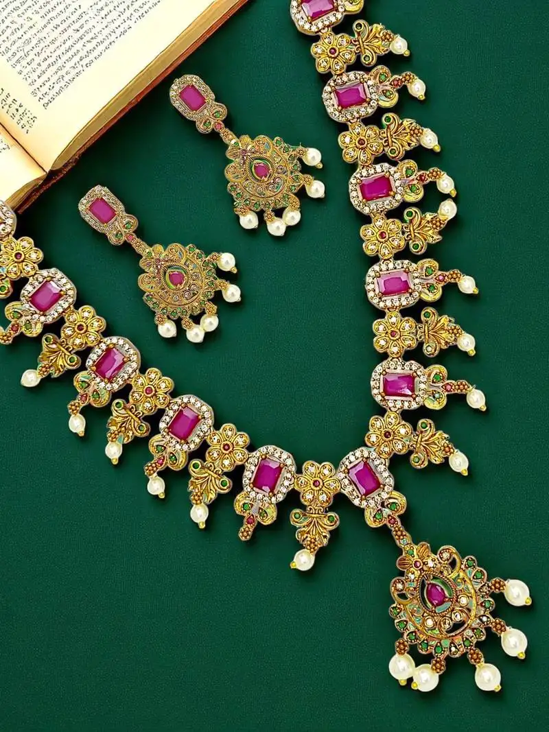 Antique gold plated multicolor stone studded necklace set