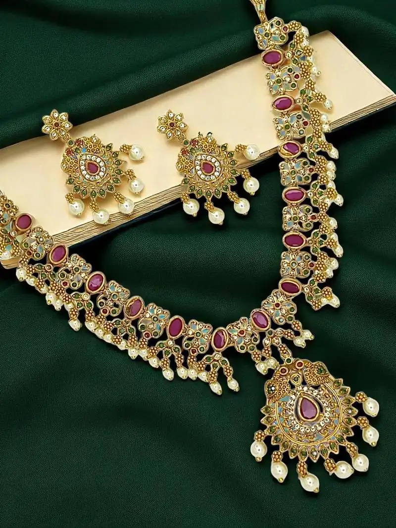 Antique gold plated peacock stone studded necklace set