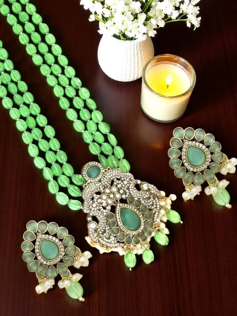 Antique gold plated mint green victorian long necklace set
