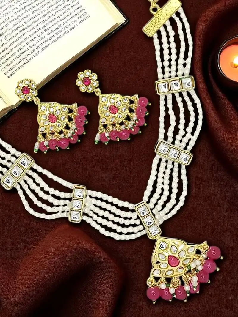 Antique gold-plated maroon & white beaded kundan necklace set