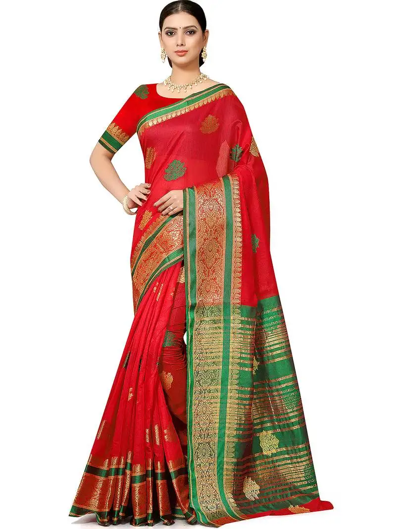 Red silk blend banarasi zari paisley saree with blouse piece