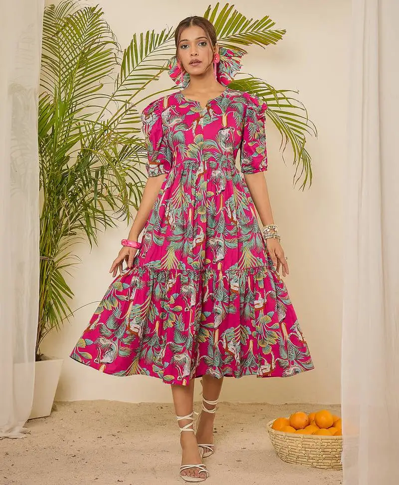 Cotton tropical print calf length tiered dress
