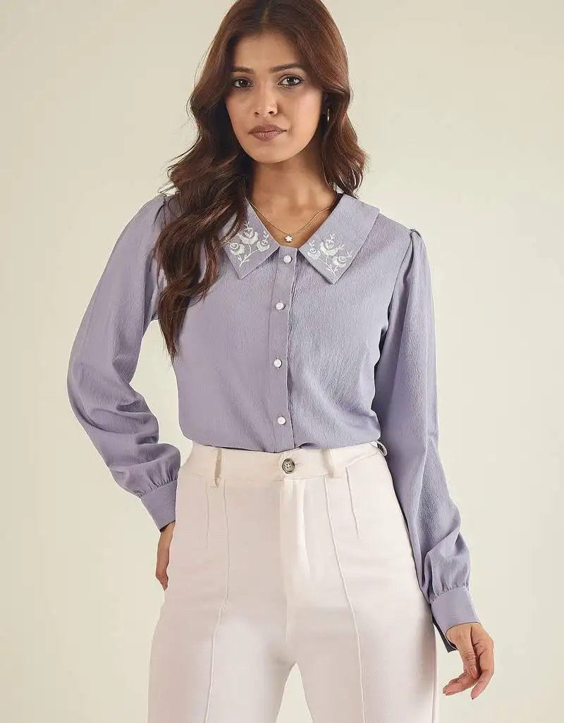 Lavender collared shirt with contrast embriodery