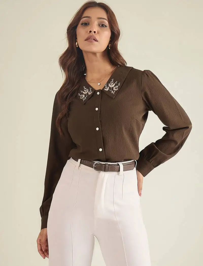 Brown collared shirt with contrast embriodery