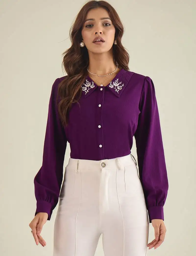 Purple collared shirt with contrast embriodery