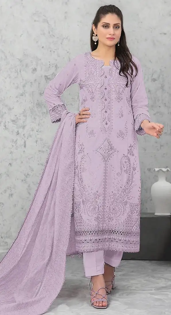 Purple embroidered cotton semi-pakistani salwar suit semi stitched