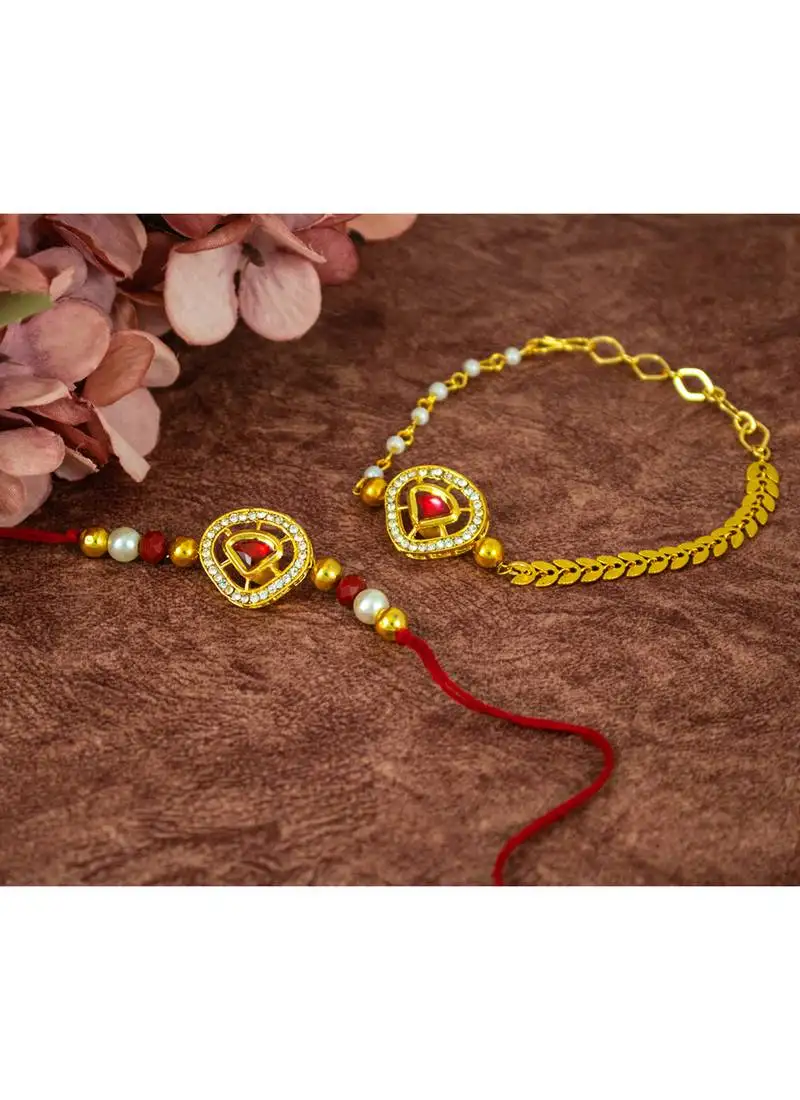 Raksha bandhan combo of red kundan rakhi and lumba set for bhaiya bhabhi with roli chawal and written greeting note.