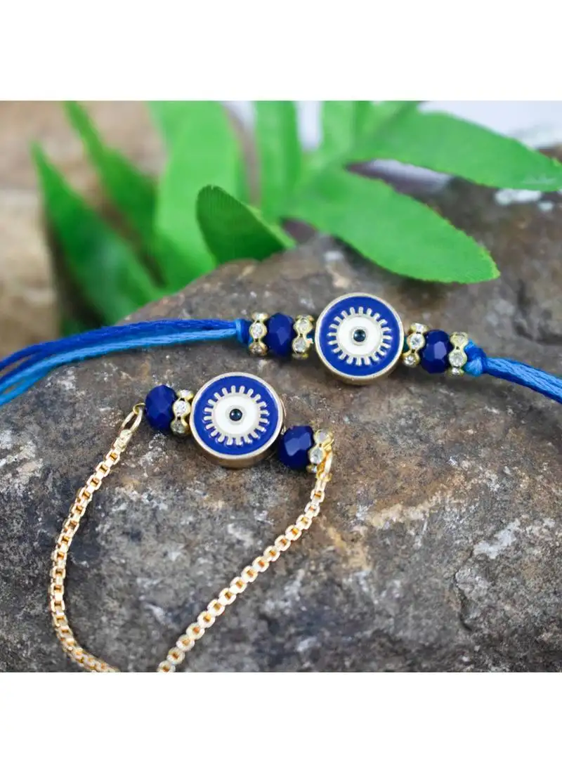 Evil eye design handcrafted combo of blue thread and chain unisex rakhi for bhaiya bhabhi