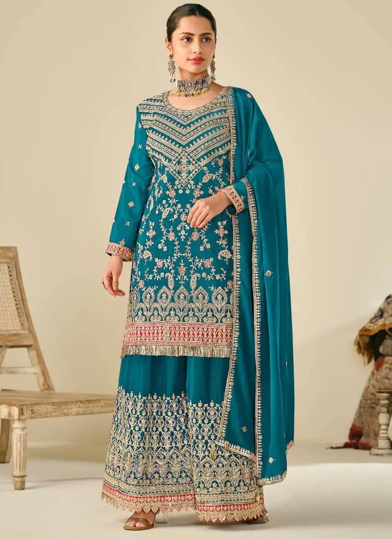 Rama chinon embroidered palazzo suit stitched