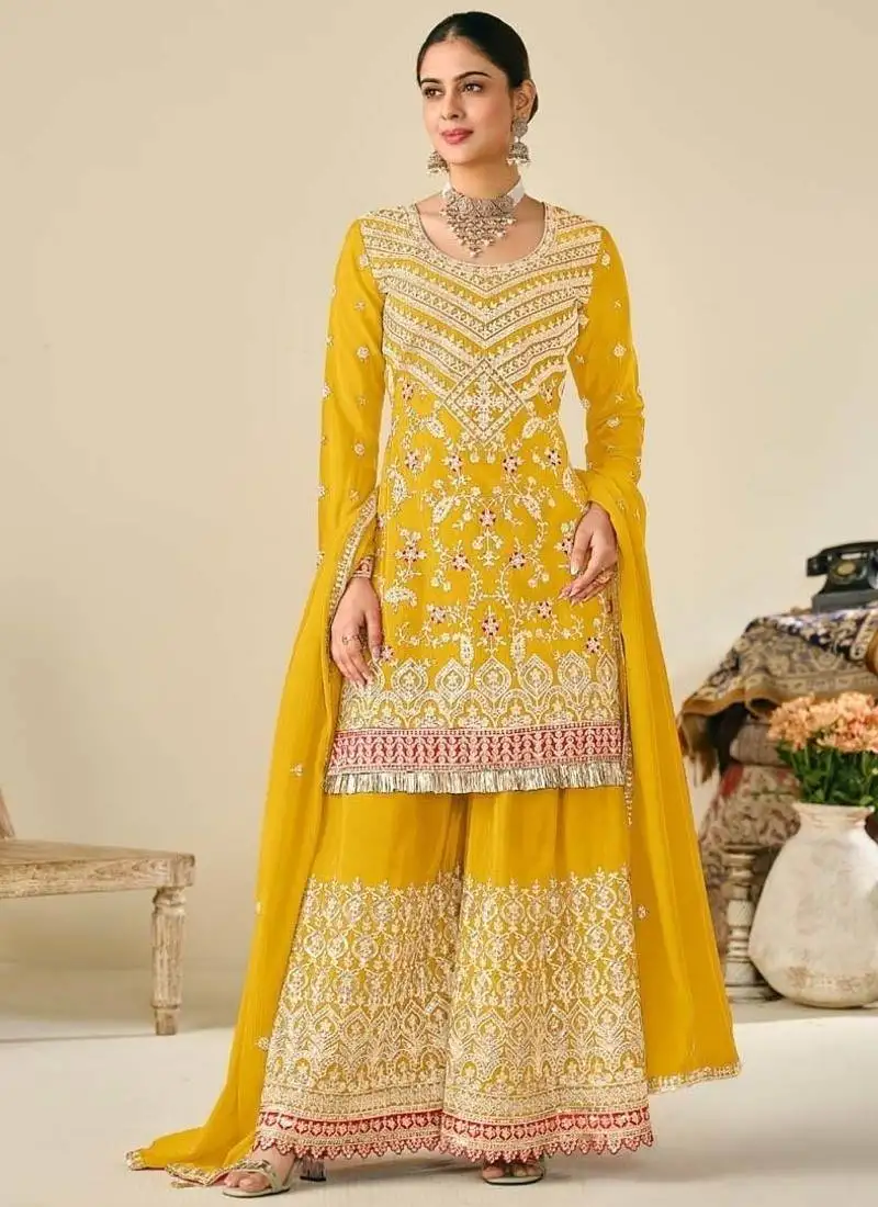 Yellow chinon embroidered palazzo suit stitched