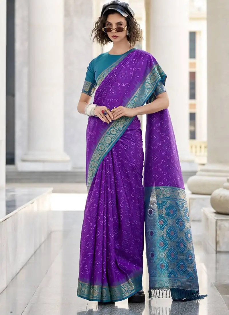 Purple & sky blue soft silk bandhani print with weaving beautiful border saree