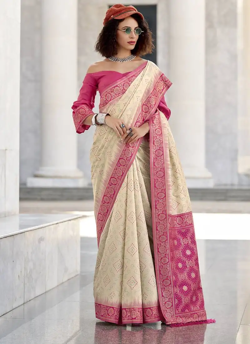 Off-white & pink soft silk bandhani print with weaving beautiful border saree