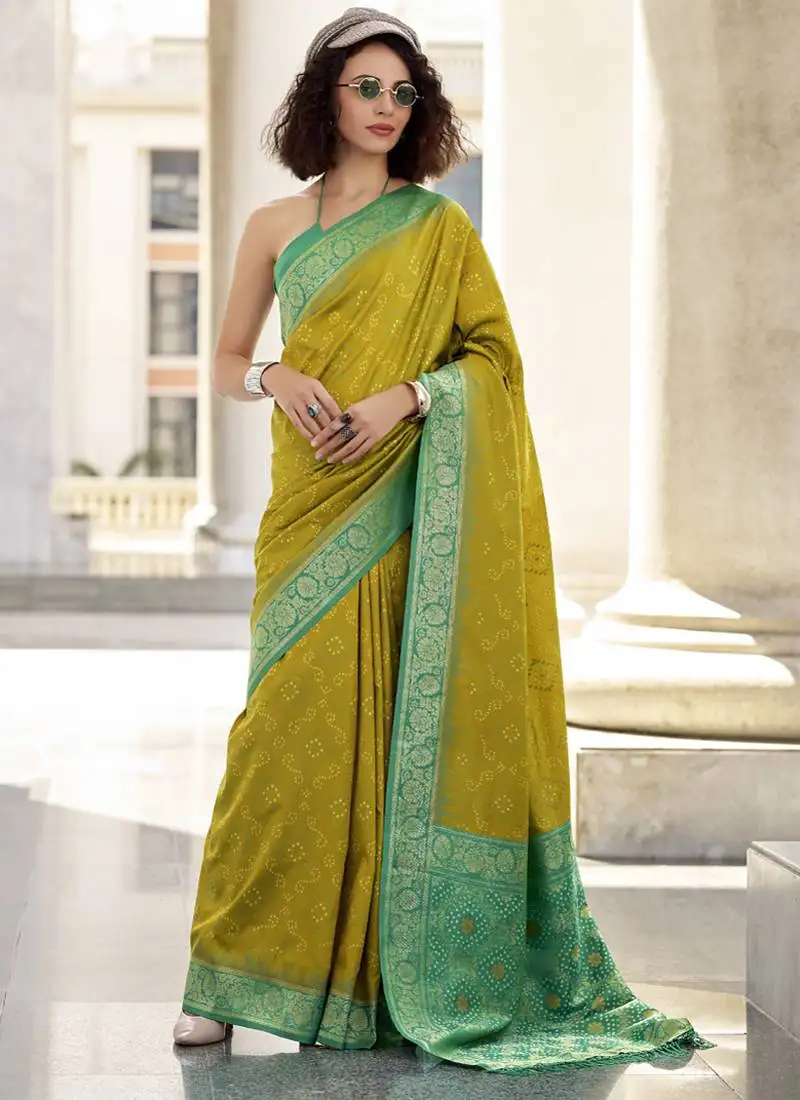 Olive & green soft silk bandhani print with weaving beautiful border saree