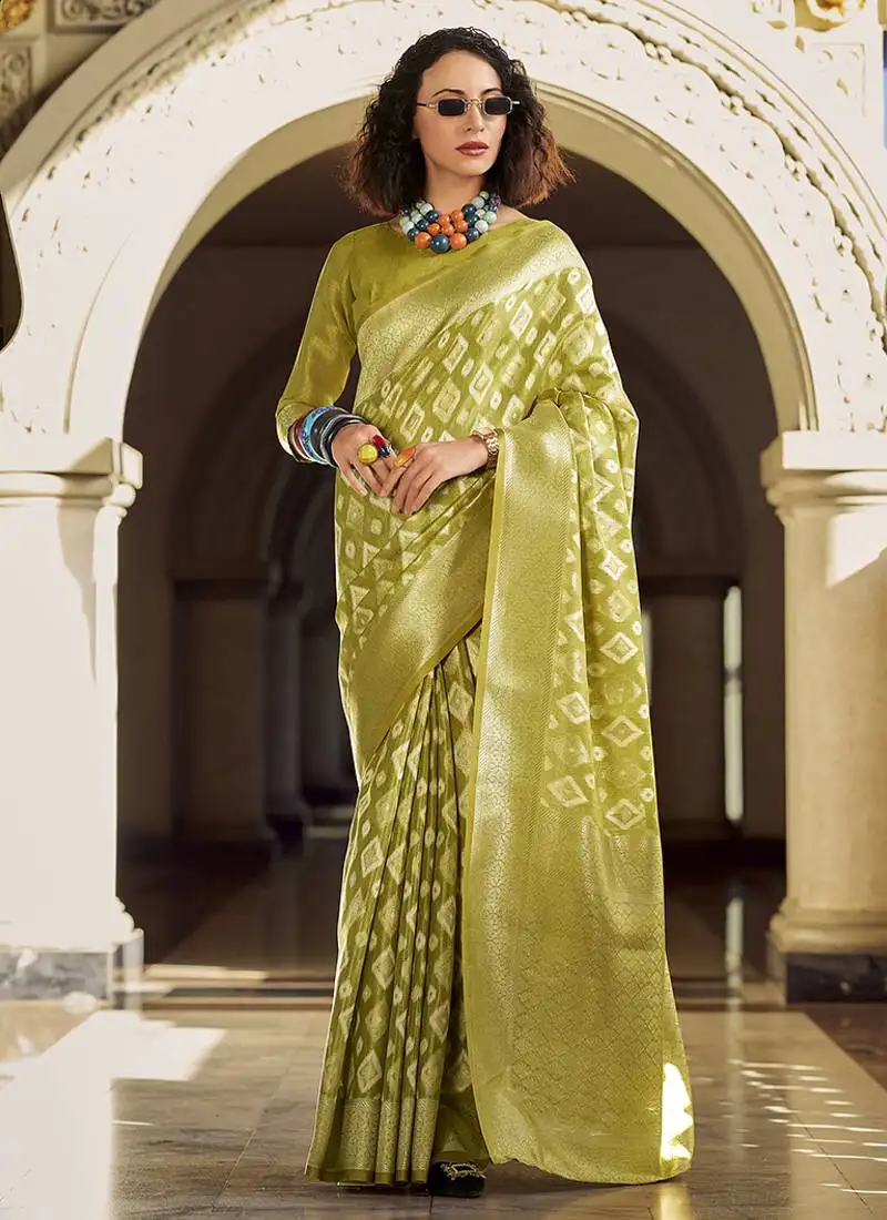 Olive tissue art silk with zari weaving wedding wear saree