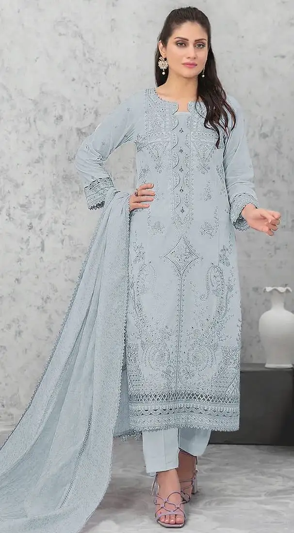 Grey embroidered cotton semi-pakistani salwar suit semi stitched