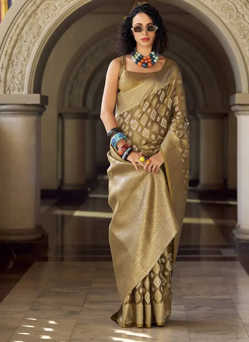 Beige tissue art silk with zari weaving wedding wear saree