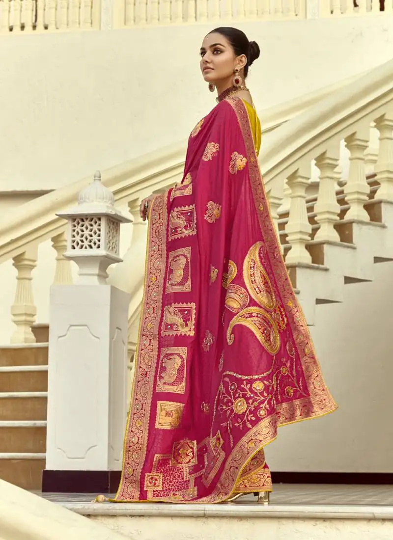 Red dola silk heavy zari weaving cut dana work and designer contrast blouse wedding sarees