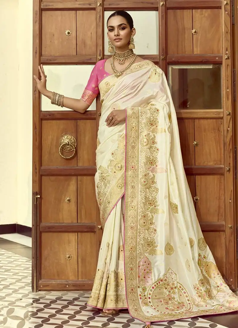White dola silk heavy zari weaving cut dana work and designer contrast blouse wedding sarees