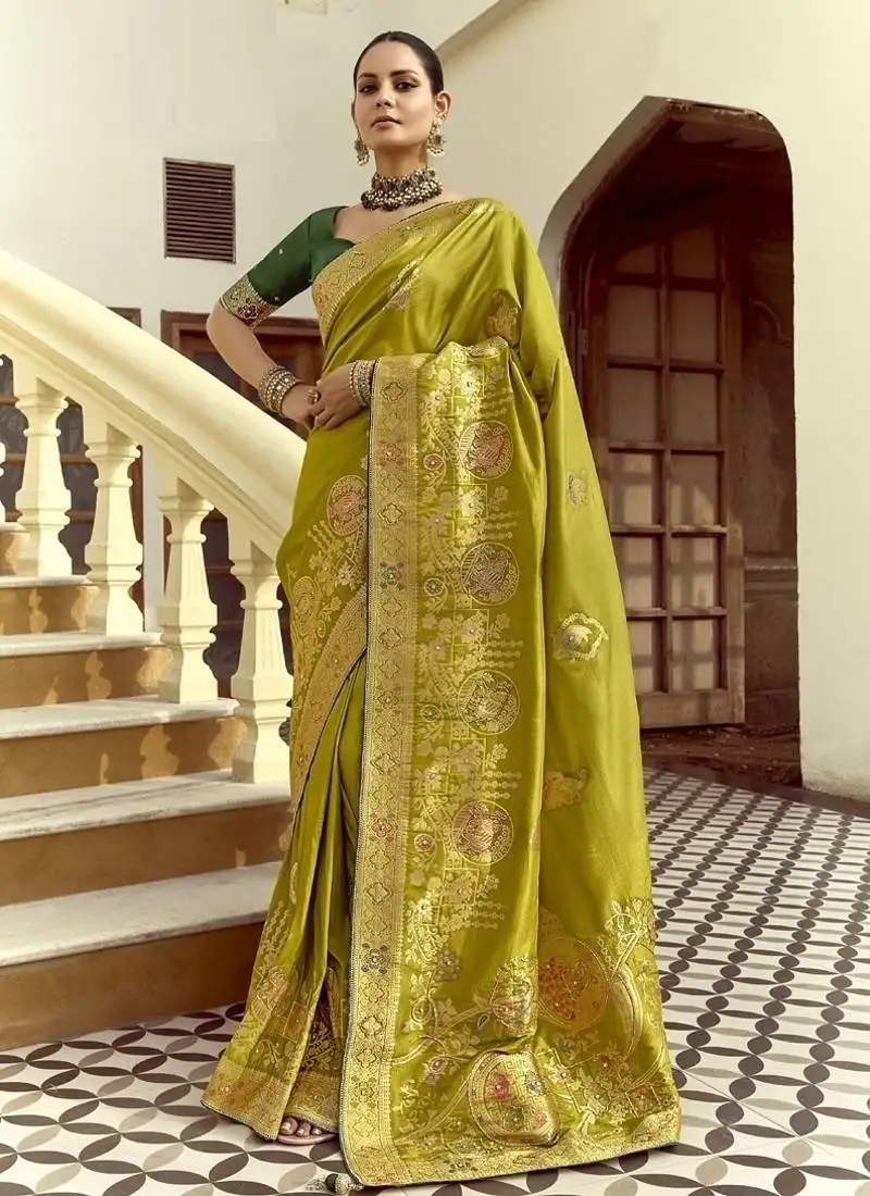 Mehendi dola silk heavy zari weaving cut dana work and designer contrast blouse wedding sarees