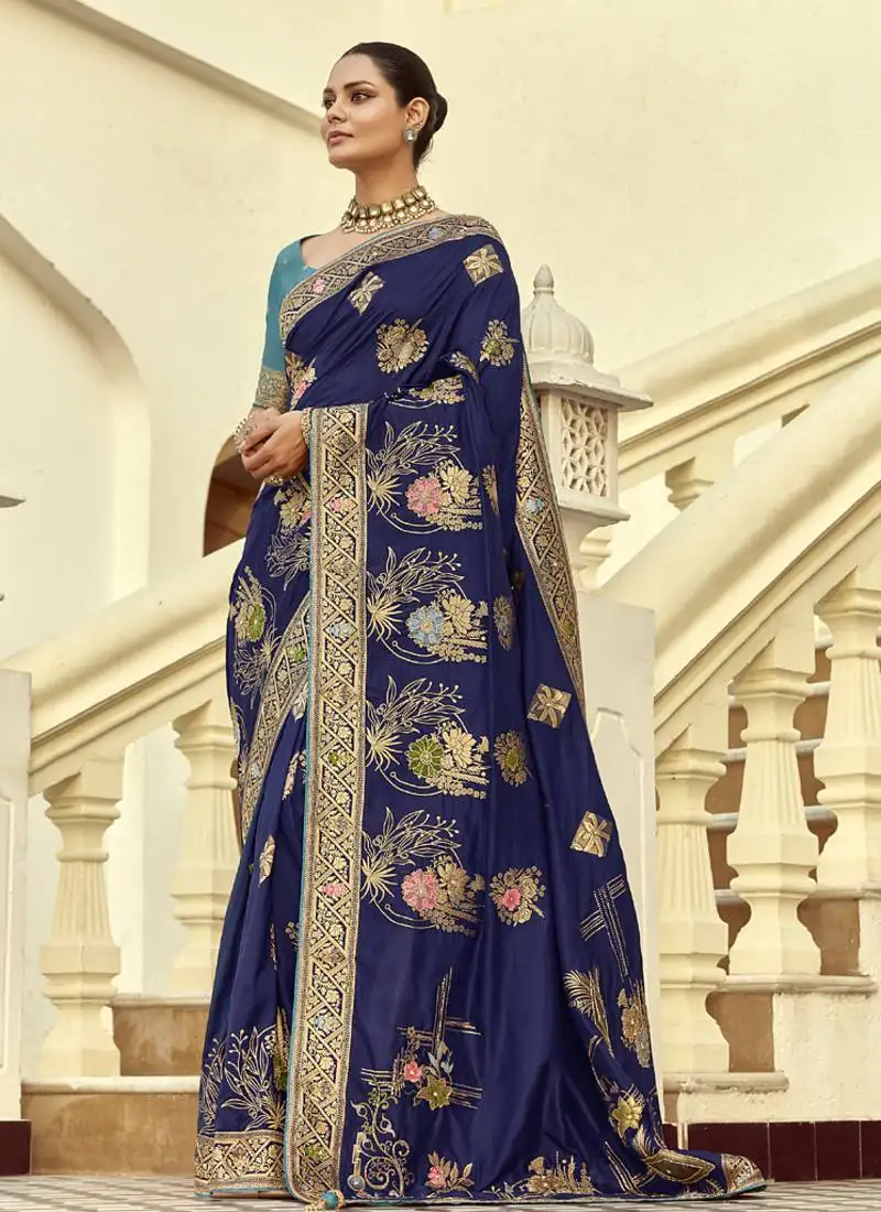Navy blue dola silk heavy zari weaving cut dana work and designer contrast blouse wedding sarees