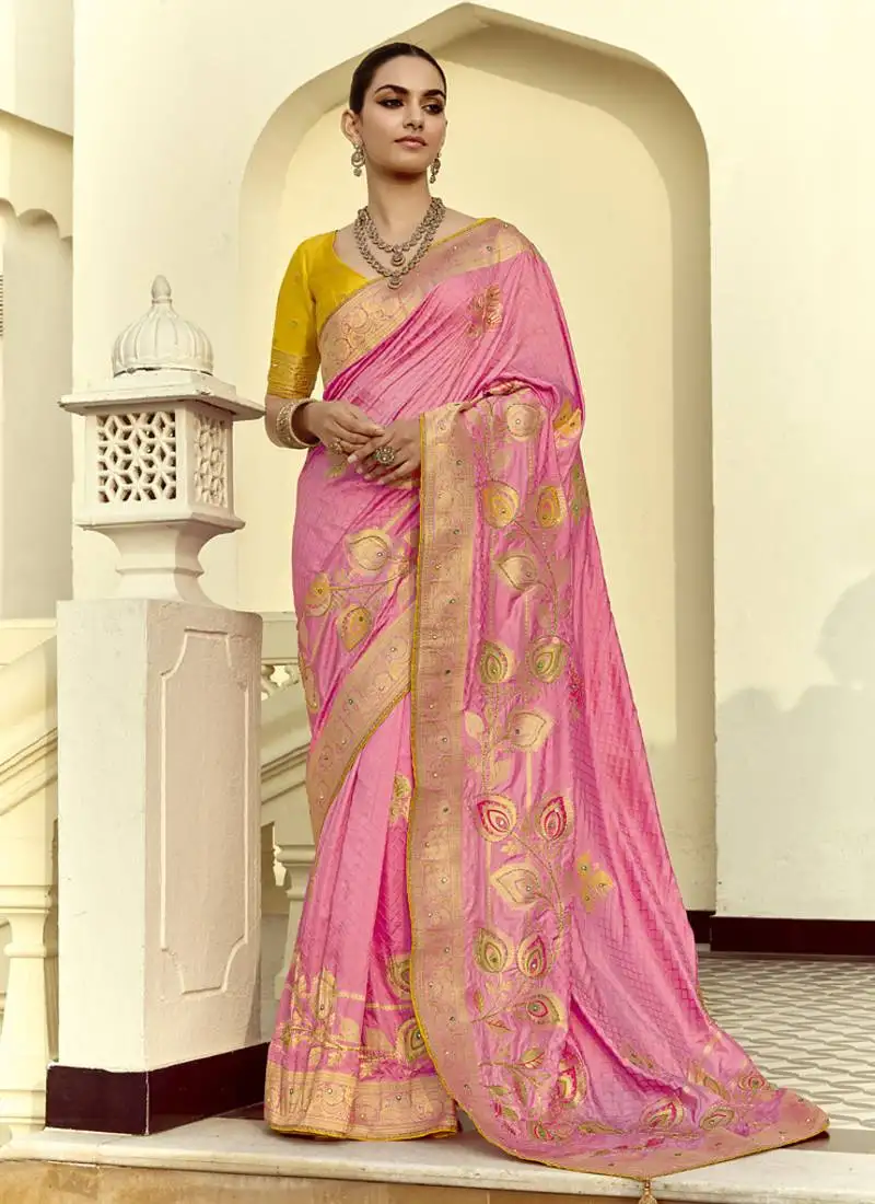 Pink dola silk heavy zari weaving cut dana work and designer contrast blouse wedding sarees
