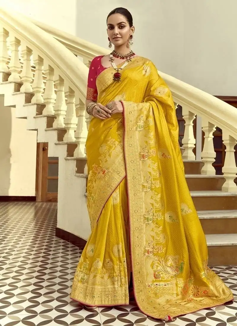 Yellow dola silk heavy zari weaving cut dana work and designer contrast blouse wedding sarees