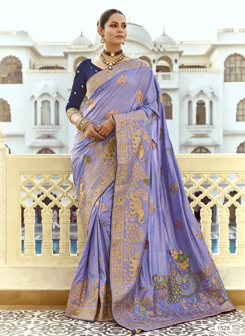 Lavender dola silk heavy zari weaving cut dana work and designer contrast blouse wedding sarees