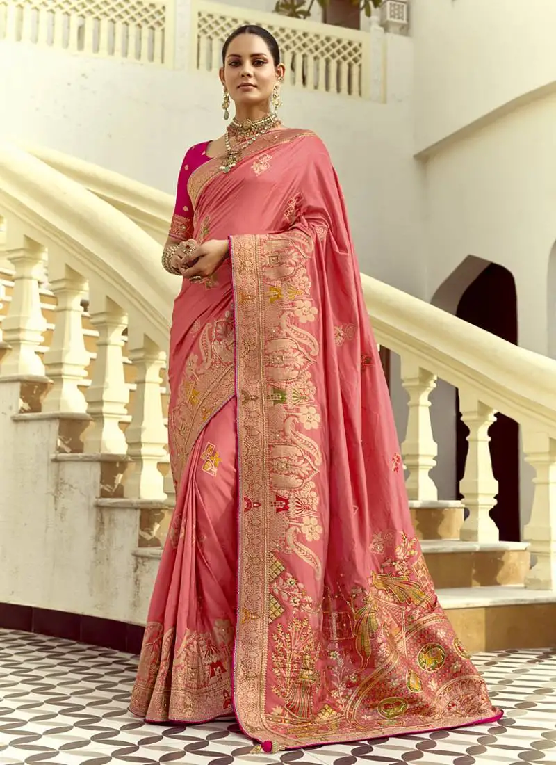 Salmon dola silk heavy zari weaving cut dana work and designer contrast blouse wedding sarees
