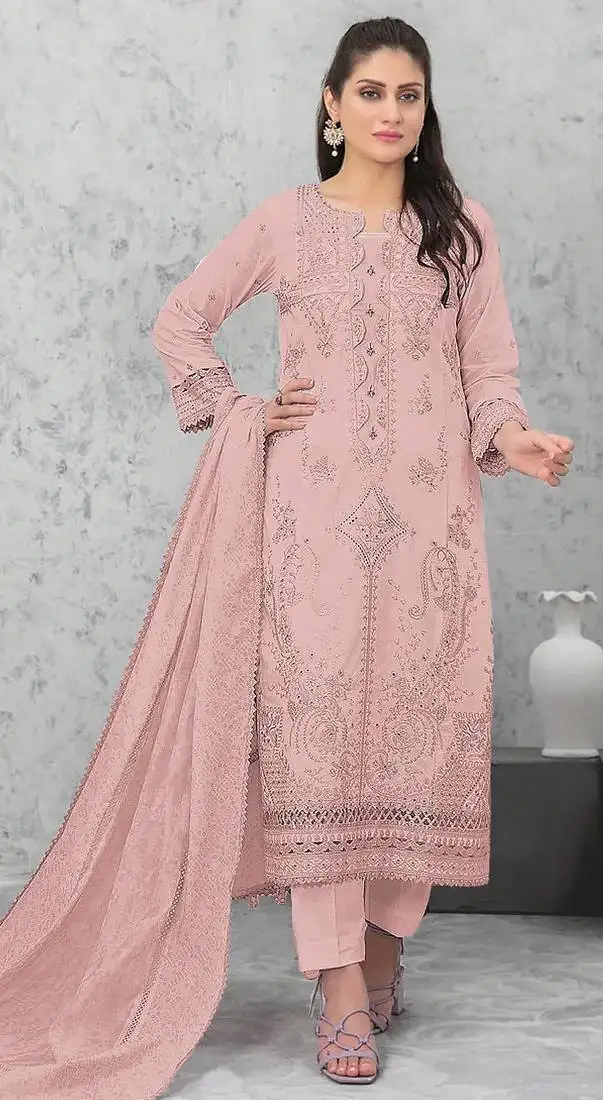 Orange embroidered cotton semi-pakistani salwar suit semi stitched