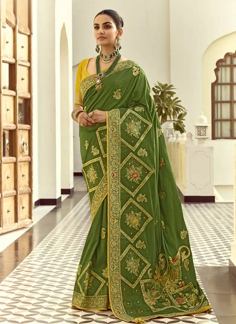 Green dola silk heavy zari weaving cut dana work and designer contrast blouse wedding sarees