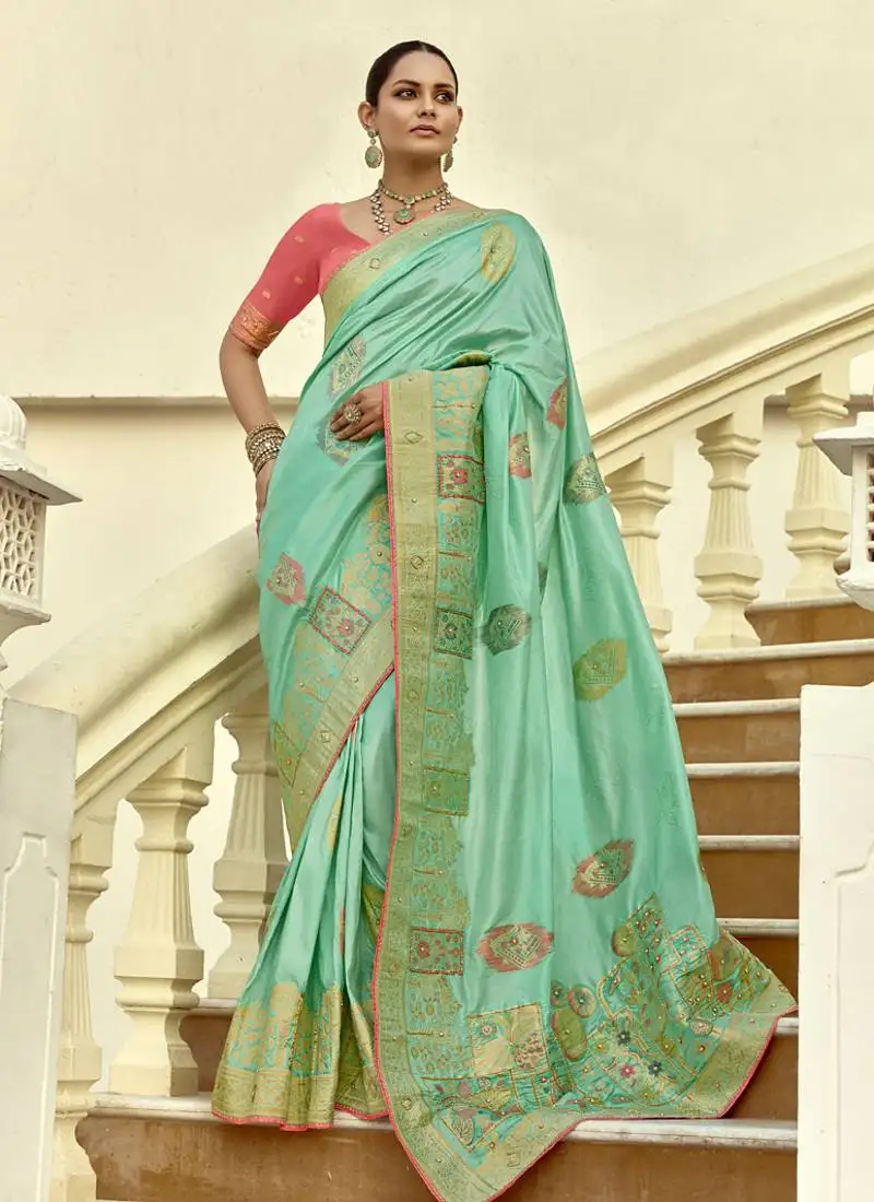 Pista dola silk heavy zari weaving cut dana work and designer contrast blouse wedding sarees