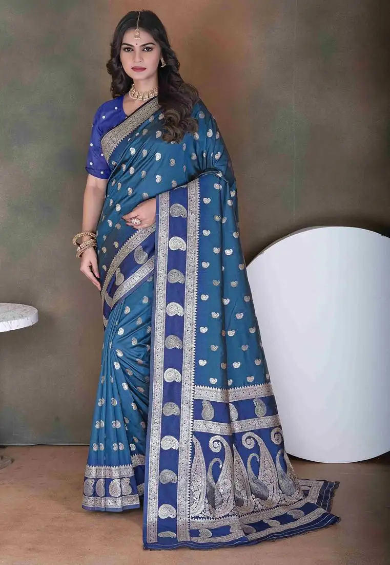 blue floral art silk printed saree comes with matching blouse