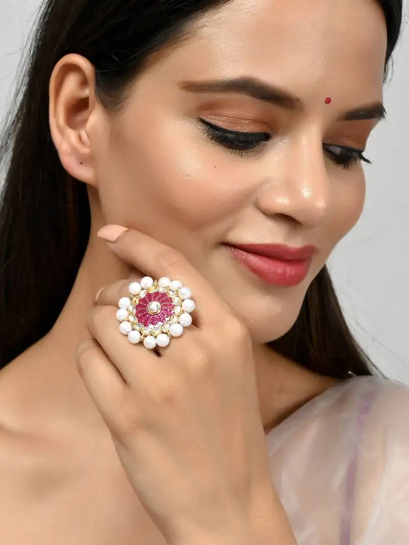 Set of 2 gold plated green & orange meenakari pearl beaded finger ring