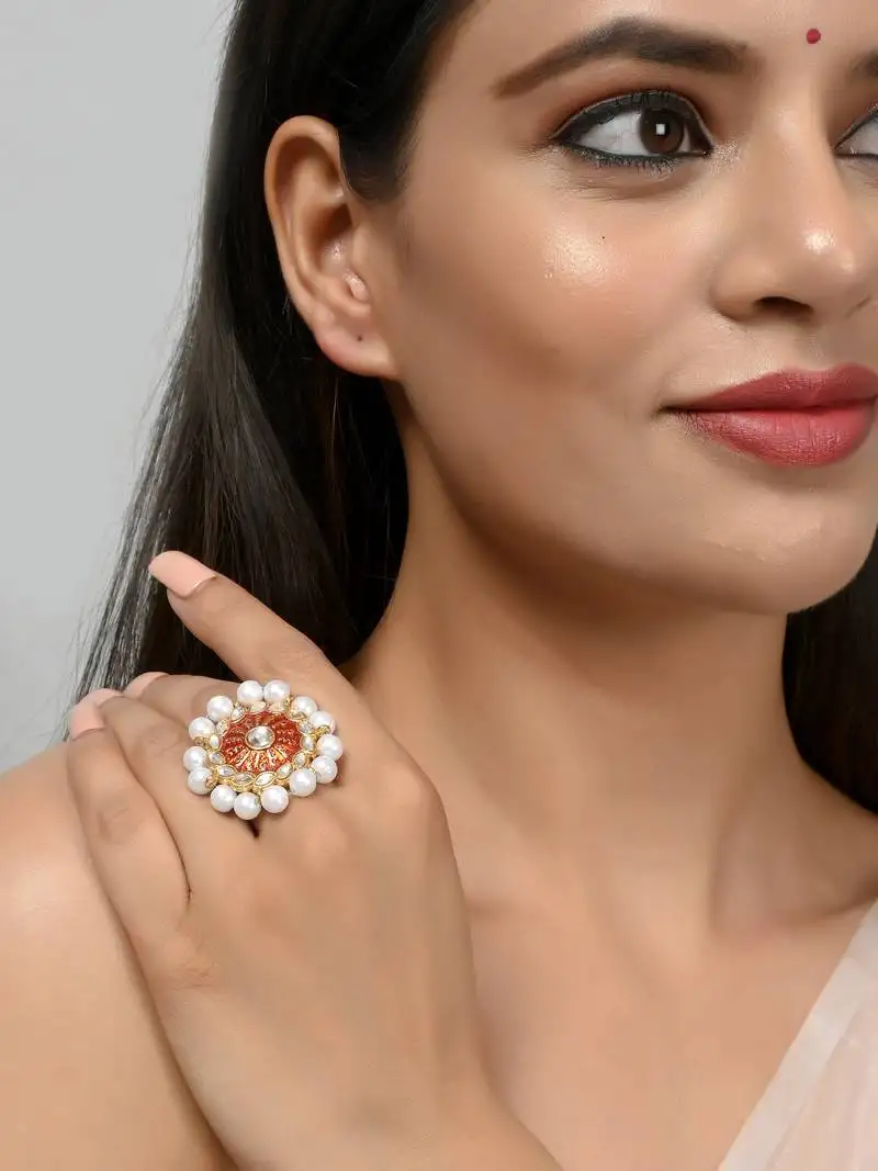 Set of 2 gold plated pink & red meenakari pearl beaded finger ring
