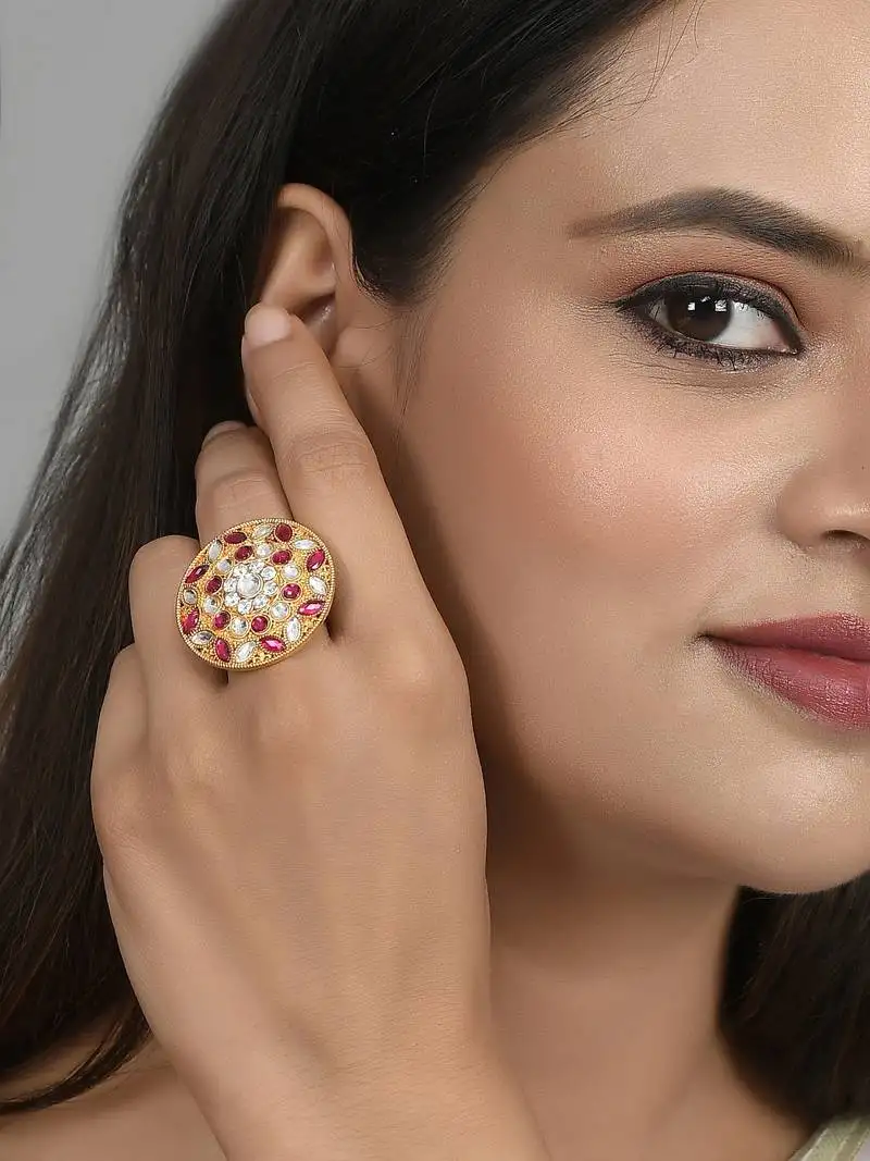 Set of 2 gold toned meenakari adjustable engagement finger ring for women