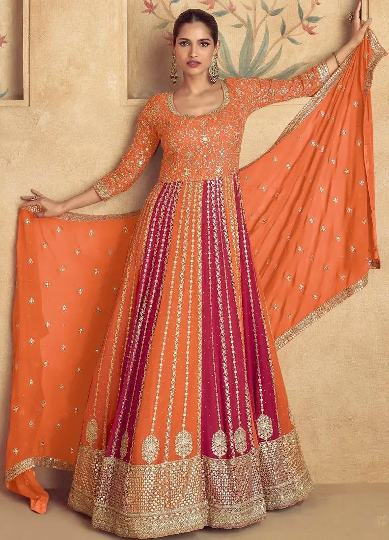 Orange embroidery and sequis georgette gown - full stitched