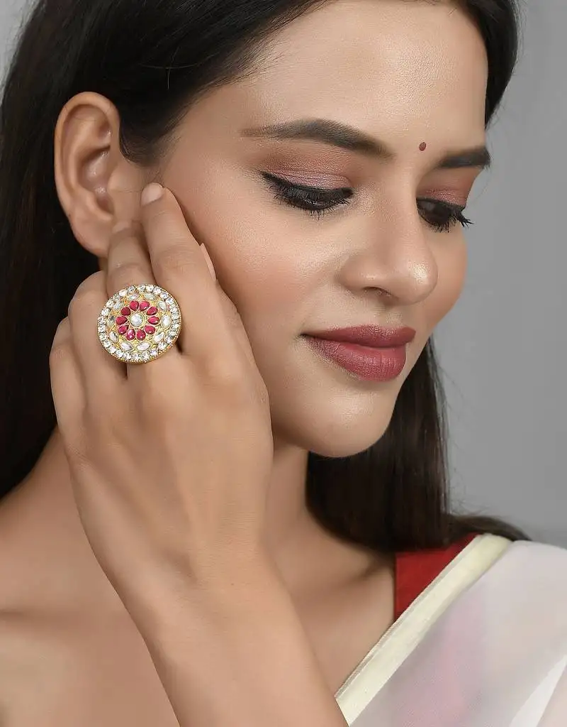 Set of 2 gold plated kundan handcrafted meenakari adjustable engagement finger ring