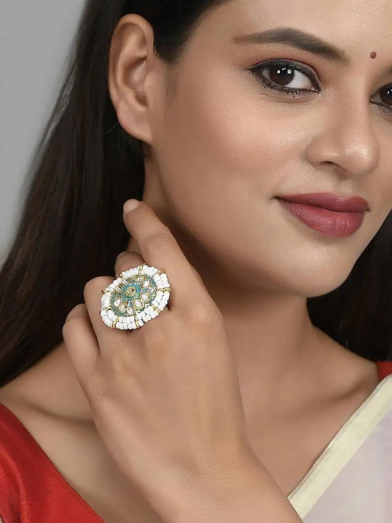 Set of 2 gold plated meenakari handpainted kundan adjustable finger ring for women