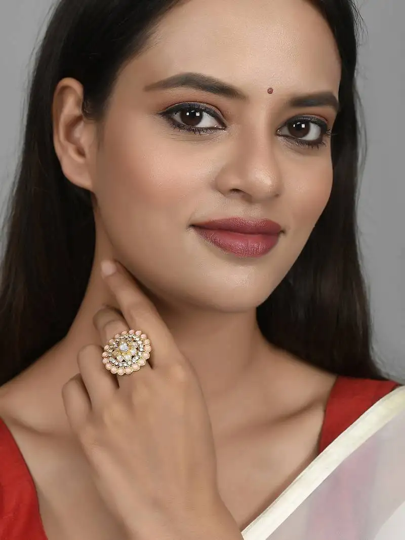 Set of 2 gold plated kundan adjustable floral ethnic finger ring