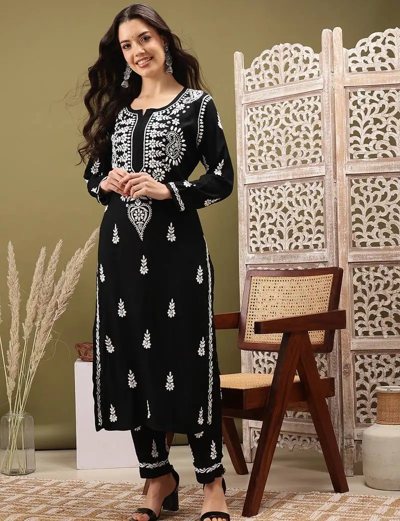 Hand embroidered black rayon lucknowi chikankari co-ord set