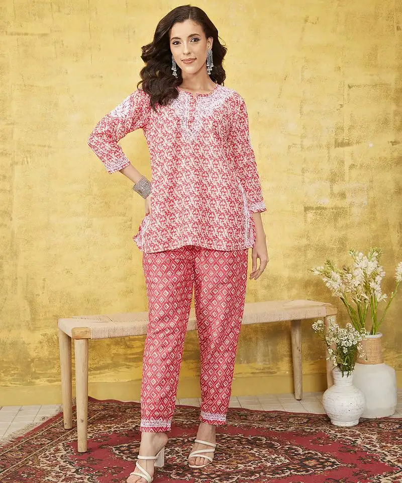 Hand embroidered red muslin lucknowi chikankari co-ord set