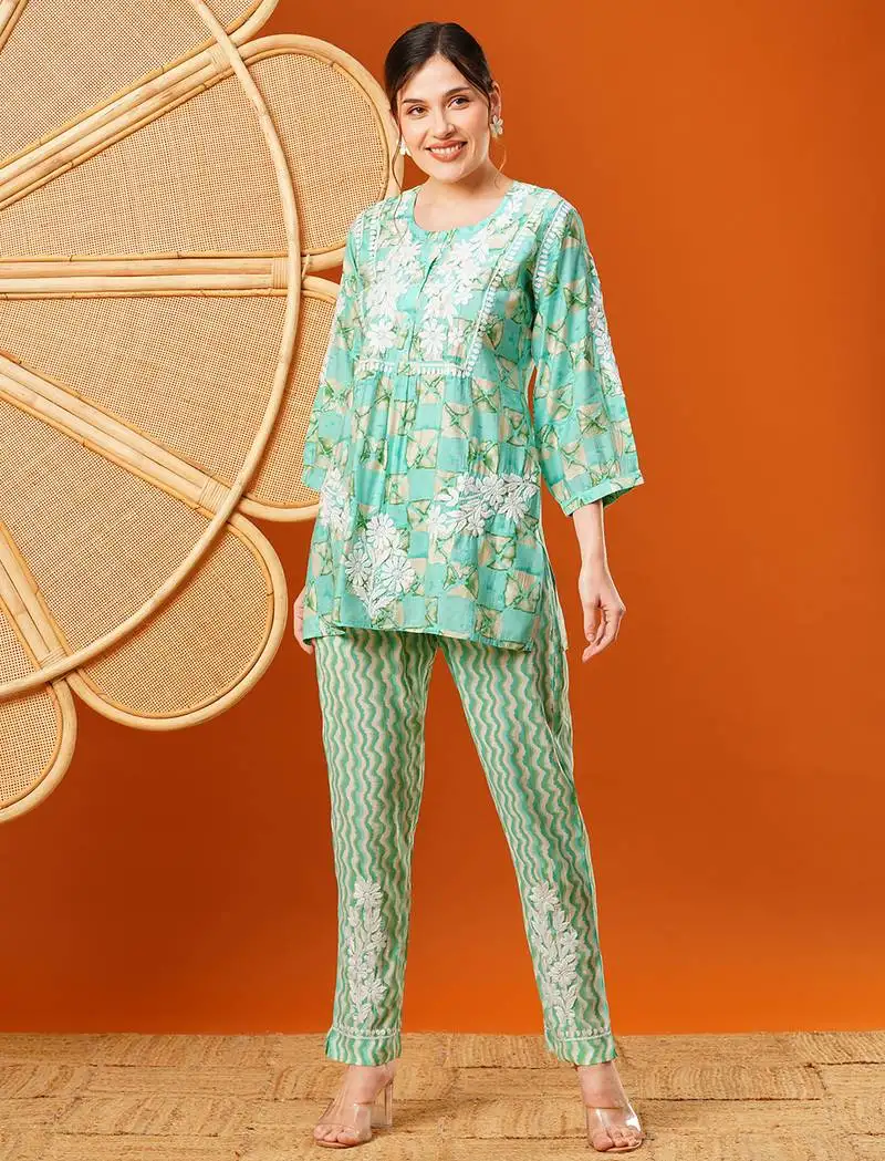 Hand embroidered sea green chanderi lucknowi chikankari co-ord set